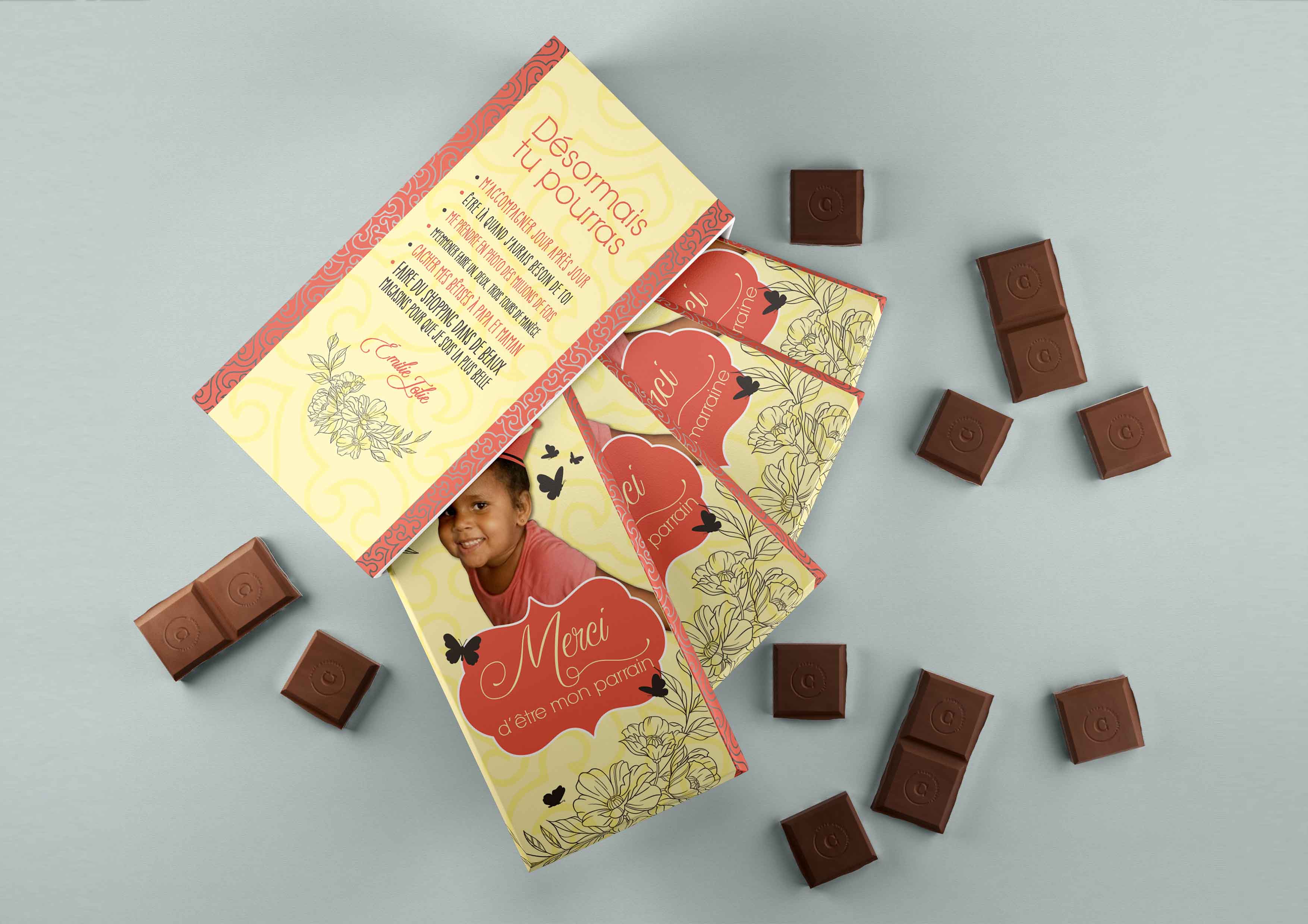 tablette de chocolat personnalisé pour le baptême d'Emilie thème papillons