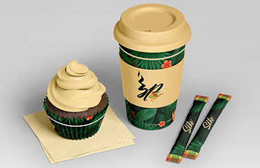 ensemble de packaging pour le restaurant, emballage cupcake, mug personnalisé et stick de sucre