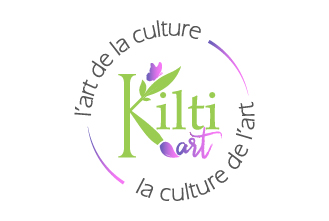 Logo en couleur représentant un K stylisé pour Kilti art avec des feuilles et un pinceau et un papillon et la baseline l'art de la culture et la culture de l'art